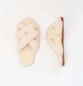 Beige - Sheepskin Slippers with Rhinestones - Limlim