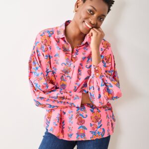 Folklore Flowers - Shelby Button Down - Bright Rose