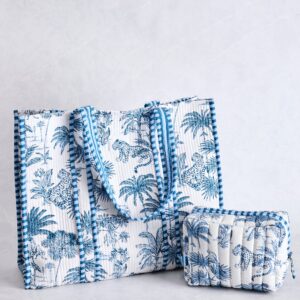 Tropical Toile - Traveler Tote & Quilted Pouch Bundle - Cloud