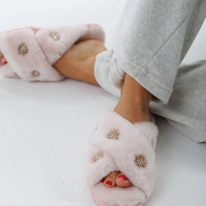 Light Pink - Sheepskin Slippers with Rhinestone - Limlim