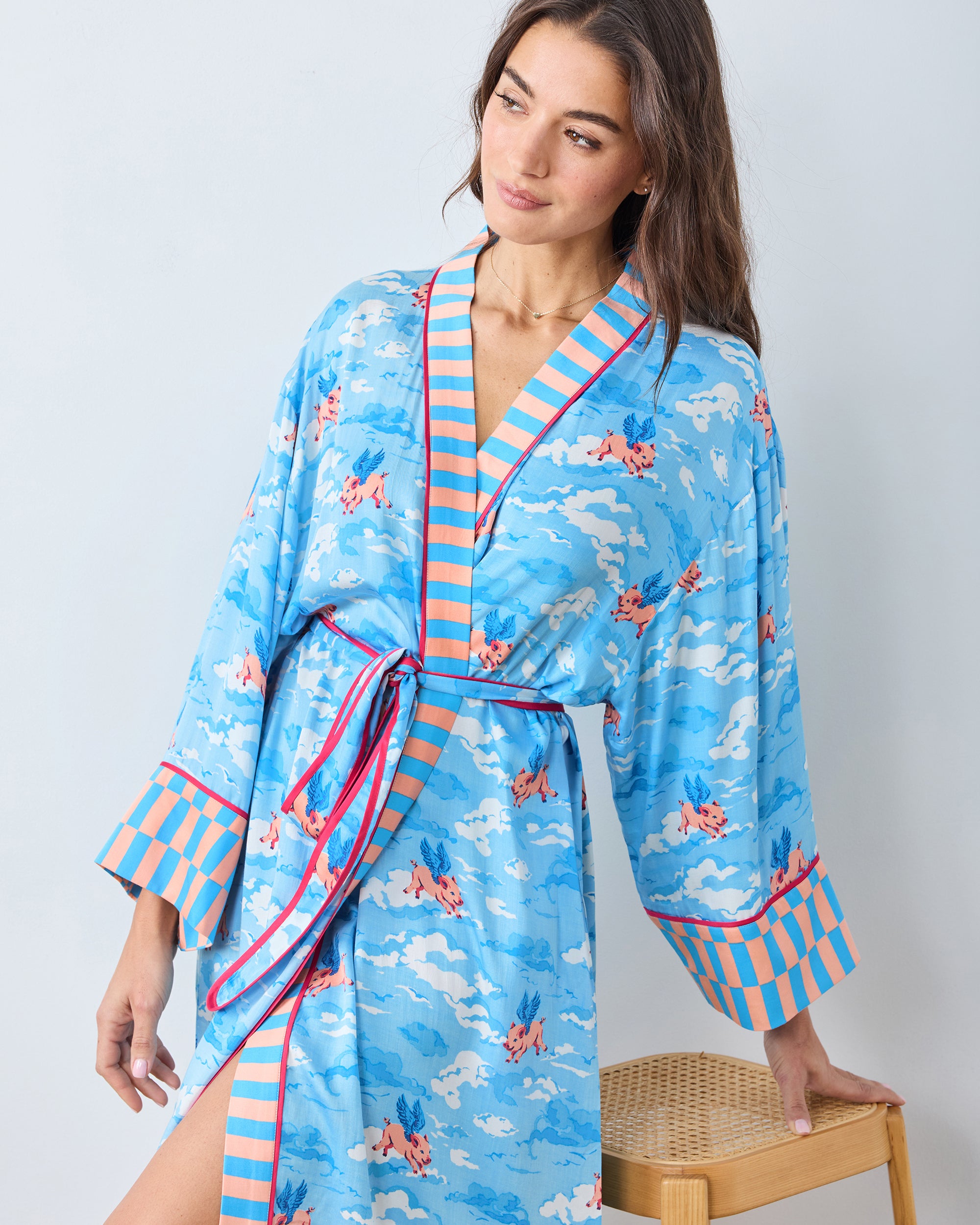 When Pigs Fly - Eco Satin Robe - Pale Blue - Image 5