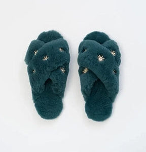 Blue Sheepskin Slippers with Rhinestones
