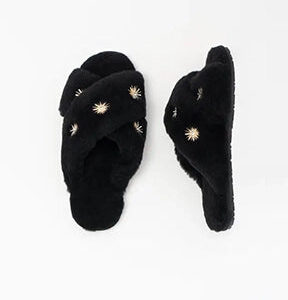 Black Sheepskin Slippers with Rhinestones